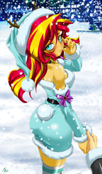 Size: 1600x2720 | Tagged: safe, alternate version, artist:mauroz, sunset shimmer, human, equestria girls, g4, anime, anime style, ass, bunset shimmer, butt, christmas, christmas 2024, clothes, costume, female, focus, hat, holiday, male, offscreen character, outdoors, pov, santa costume, santa hat