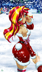 Size: 1600x2720 | Tagged: safe, alternate version, artist:mauroz, apple bloom, applejack, fluttershy, pinkie pie, rainbow dash, spike, sunset shimmer, human, equestria girls, g4, anime, anime style, ass, bare shoulders, bunset shimmer, butt, christmas, christmas 2024, clothes, costume, female, focus, hat, holiday, humanized, male, offscreen character, outdoors, pov, santa costume, santa hat, sleeping, sleeveless, strapless