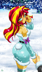 Size: 1600x2720 | Tagged: safe, alternate version, artist:mauroz, sunset shimmer, human, equestria girls, g4, anime, anime style, bunset shimmer, butt, christmas, christmas 2024, clothes, costume, focus, hat, holiday, male, offscreen character, outdoors, pov, santa costume, santa hat