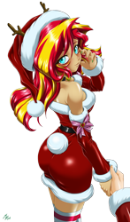 Size: 1600x2720 | Tagged: safe, alternate version, artist:mauroz, sunset shimmer, human, equestria girls, g4, anime, anime style, bunset shimmer, butt, christmas, christmas 2024, clothes, costume, female, focus, hat, holiday, male, offscreen character, pov, santa costume, santa hat