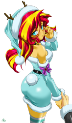 Size: 1600x2720 | Tagged: safe, alternate version, artist:mauroz, sunset shimmer, human, equestria girls, g4, anime, anime style, bunset shimmer, butt, christmas, christmas 2024, clothes, costume, focus, hat, holiday, male, offscreen character, pov, santa costume, santa hat, simple background, transparent background