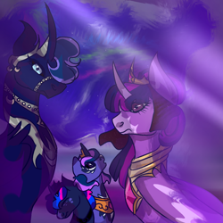 Size: 1280x1280 | Tagged: safe, artist:earth.loser, princess luna, twilight sparkle, oc, oc:prince noctis, oc:princess dawnlight, g4, bust, canterlot castle, colt, crown, element of magic, female, filly, foal, jewelry, male, mare, moon, necklace, portrait, regalia, royalty, stallion