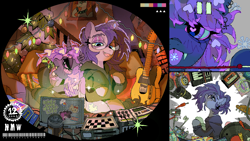 Size: 1920x1080 | Tagged: safe, artist:poneko-chan, oc, oc only, oc:top five videos, oc:vylet, alicorn, pegasus, pony, no matter what, vylet pony, g4, album cover, alicorn oc, duo, ear piercing, electric guitar, guitar, headphones, horn, musical instrument, pegasus oc, piercing, pride, pride flag, soda, transgender pride flag, wings