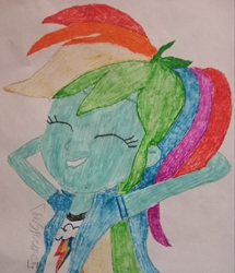 Size: 866x1008 | Tagged: safe, artist:the spectres, derpibooru exclusive, rainbow dash, human, equestria girls, g4, eyes closed, female, marker drawing, relaxing, smiling, solo, traditional art