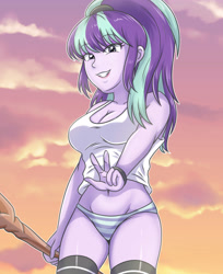 Size: 2850x3500 | Tagged: safe, artist:sumin6301, starlight glimmer, human, equestria girls, g4, belly, belly button, big breasts, breasts, busty starlight glimmer, cleavage, clothes, eyebrows, eyebrows visible through hair, eyeshadow, female, grin, high res, looking at you, looking down, looking down at you, makeup, midriff, one eye closed, outdoors, panties, peace sign, ponytail, s5 starlight, smiling, smiling at you, socks, solo, staff, staff of sameness, striped underwear, sunset, tank top, thigh highs, underwear, wink