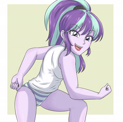 Size: 3000x2979 | Tagged: safe, artist:sumin6301, starlight glimmer, human, equestria girls, g4, breasts, cleavage, clothes, eyebrows, eyebrows visible through hair, eyeshadow, female, high res, looking at you, makeup, open mouth, open smile, panties, passepartout, ponytail, pose, s5 starlight, smiling, smiling at you, solo, striped underwear, tank top, underwear