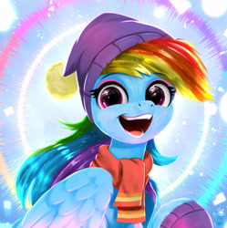 Size: 2400x2406 | Tagged: safe, artist:darksly, rainbow dash, pegasus, pony, g4, my little pony best gift ever, my little pony: friendship is magic, beanie, clothes, cute, dashabetes, eyeshadow, female, gloves, hat, makeup, mare, open mouth, scarf, solo