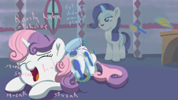 Size: 1920x1080 | Tagged: safe, rarity, sweetie belle, pony, unicorn, g4, crying, female, filly, foal, funny, horn, laughing, mare, squeak, tears of laughter, tickling