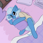 Size: 2000x2000 | Tagged: safe, artist:jubyskylines, trixie, pony, unicorn, series:12 days of trixmas, g4, bed, blushing, clothes, female, horn, hug, indoors, looking at you, mare, on bed, pillow, pillow hug, shirt, solo