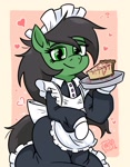 Size: 1810x2325 | Tagged: safe, artist:jargon scott, oc, oc only, oc:anon-mare, earth pony, pony, semi-anthro, bipedal, cake, cheesecake, clothes, female, floating heart, food, heart, hoof hold, lidded eyes, looking at you, maid, mare, passepartout, smiling, smiling at you, solo