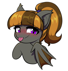 Size: 1724x1794 | Tagged: safe, artist:moozua, oc, oc only, oc:mythic dawn, bat pony, pony, bangs, bat pony oc, bat wings, bedroom eyes, black outlines, blush scribble, blushing, brown mane, bust, colored wings, commission, cute, ear fluff, ear tufts, eye clipping through hair, eyebrows, eyebrows visible through hair, eyelashes, fangs, female, female oc, folded wings, gradient eyes, gray coat, hair tie, heart, heart eyes, lidded eyes, looking at you, mane tie, mare, mare oc, ponytail, purple eyes, shiny mane, simple background, smiling, smiling at you, solo, three quarter view, tongue out, transparent background, two toned mane, two toned wings, wingding eyes, wings