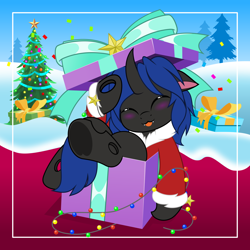 Size: 5000x5000 | Tagged: safe, artist:jhayarr23, oc, oc only, oc:swift dawn, changeling, absurd resolution, blue changeling, blushing, bow, changeling in a box, changeling oc, christmas, christmas changeling, christmas lights, christmas tree, clothes, commission, confetti, costume, cute, detailed background, eyes closed, fangs, floppy ears, frog (hoof), holiday, horn, looking at you, male, ornaments, outdoors, present, santa costume, smiling, smiling at you, solo, tongue out, tree, underhoof, ych result