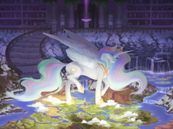 Size: 3671x2739 | Tagged: safe, artist:momoalistair, princess celestia, alicorn, pony, g4, commission, detailed background, female, high res, indoors, map of equestria, mare, solo, standing on two hooves