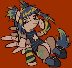 Size: 1495x1409 | Tagged: safe, artist:kickaroc, oc, oc only, pegasus, pony, clothes, leg warmers, scene hair, shirt, smiling, smirk, solo, spread wings, torn clothes, wings