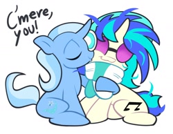 Size: 2006x1559 | Tagged: safe, artist:rennygallery, dj pon-3, trixie, vinyl scratch, pony, unicorn, g4, :3, cheek kiss, clothes, cuddling, curved horn, dj lulamoon, duo, duo female, eyes closed, female, horn, kissing, lesbian, mare, scarf, shipping, simple background, smiling, white background