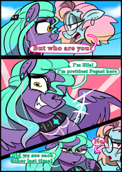 Size: 1240x1754 | Tagged: safe, artist:jully-park, oc, oc:charlotte parker, oc:ella evans, earth pony, pegasus, pony, comic:how i meet my chaotic friends, comic, cute, cute little fangs, fangs, outdoors