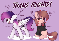 Size: 2600x1838 | Tagged: safe, artist:shepardinthesky, oc, oc:shepard, oc:wormy, earth pony, pegasus, pony, lgbt, pride, simple background, sitting, trans rights, wat, yelling