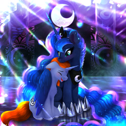 Size: 2400x2400 | Tagged: safe, artist:darksly, princess luna, oc, oc:star crest, alicorn, pony, unicorn, g4, blushing, duo, duo male and female, female, floppy ears, high res, horn, hug, indoors, laughing, looking at someone, male, mare, moon, signature, sitting, size difference, smiling, stallion, stars, straight, winghug, wings