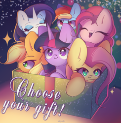 Size: 2650x2700 | Tagged: safe, artist:miryelis, applejack, fluttershy, pinkie pie, rainbow dash, rarity, twilight sparkle, alicorn, earth pony, pegasus, pony, unicorn, g4, box, christmas, christmas lights, christmas tree, cute, holiday, horn, mane six, present, smiling, text, tree, twilight sparkle (alicorn)