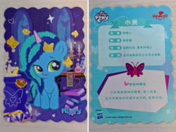 Size: 4590x3442 | Tagged: safe, misty brightdawn, butterfly, g5, official, book, card, chibi, chinese, dinosaw, front view, indoors, irl, merchandise, opaline's dark castle, photo, solo, text, window