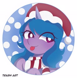 Size: 2028x2048 | Tagged: safe, artist:eltrash_art6, izzy moonbow, pony, unicorn, g5, :p, blushing, christmas, clothes, cute, female, hat, holiday, horn, icon, izzybetes, mare, santa hat, scarf, snow, solo, tongue out