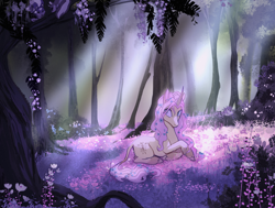 Size: 2448x1855 | Tagged: safe, artist:peachmichea, fluttershy, pony, unicorn, g4, alternate cutie mark, animal, butt fluff, colored hooves, commission, curved horn, dappled sunlight, female, flower, flower in hair, flower in tail, fluttershy (g5 concept leak), forest, full body, g5 concept leaks, glade, hair over one eye, hooves, horn, leonine tail, lying down, mare, nature, outdoors, prone, race swap, solo, species swap, tail, tree, unicorn fluttershy