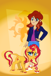 Size: 1412x2100 | Tagged: safe, artist:prixy05, sunset shimmer, human, pony, unicorn, g4, clothes, female, gradient background, horn, human ponidox, humanized, leonine tail, light skin, self paradox, self ponidox, solo, tail