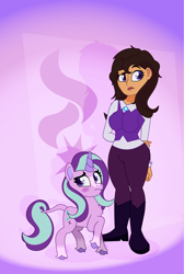 Size: 1412x2100 | Tagged: safe, artist:prixy05, starlight glimmer, human, pony, unicorn, g4, clothes, female, gradient background, horn, human ponidox, humanized, leonine tail, light skin, self paradox, self ponidox, solo, tail