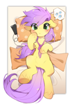 Size: 2916x4200 | Tagged: safe, artist:amo, oc, oc only, oc:plum blossoms, earth pony, pony, bed, blushing, bowtie, cellphone, chest fluff, commission, earbuds, emoji, female, frog (hoof), hoof on chest, indoors, looking at you, lying down, mare, neck ribbon, on back, on bed, out of frame, passepartout, phone, pillow, polka dots, smartphone, solo, speech bubble, text, underhoof, unshorn fetlocks, 💦