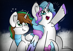 Size: 1754x1240 | Tagged: safe, artist:mashee, alicorn, dracony, dragon, hybrid, unicorn, chest fluff, cloud, colored wings, cute, dragon wings, duo, female, happy, heart, horn, looking up, male, mare, multicolored hair, multicolored wings, night, open mouth, outdoors, solo, stallion, stars, together, wings