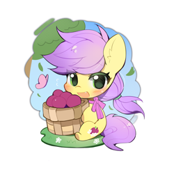 Size: 3500x3500 | Tagged: safe, artist:amo, oc, oc only, oc:plum blossoms, butterfly, earth pony, pony, basket, blushing, bowtie, earth pony oc, female, grass, grass field, green eyes, leaves, looking at you, mare, outdoors, plum, purple mane, simple background, sitting, smol, solo, tree, white background