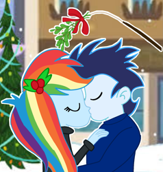 Size: 1277x1341 | Tagged: safe, artist:soarindasher10, rainbow dash, soarin', human, equestria girls, g4, christmas, christmas tree, clothes, duo, duo male and female, female, holiday, kiss on the lips, kissing, male, mistletoe, ship:soarindash, shipping, straight, sweater, tree