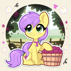 Size: 1000x1000 | Tagged: safe, artist:oofycolorful, oc, oc only, oc:plum blossoms, earth pony, pony, basket, bowtie, earth pony oc, female, field, flower, mare, outdoors, plum, purple mane, railing, sitting, solo, tail, tail wrap, tree