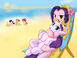 Size: 1400x1050 | Tagged: safe, artist:保镖, oc, oc only, oc:meng jing, oc:meng xin, oc:meng yu, earth pony, pony, unicorn, beach, beach chair, chair, horn, hug, looking at you, outdoors, sand, sun