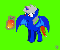 Size: 2714x2275 | Tagged: safe, artist:alphawolf2003, oc, oc only, oc:poison blood, alicorn, bat pony, bat pony alicorn, pony, bat wings, food, green background, horn, magic, male, mango, simple background, solo, telekinesis, wings