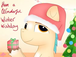 Size: 1024x768 | Tagged: safe, artist:heart k art, hitch trailblazer, earth pony, pony, series:heart k art g5 advent calendar, g5, advent calendar, caption, christmas, christmas tree, hat, holiday, indoors, male, merry christmas, present, santa hat, solo, stallion, text, tree