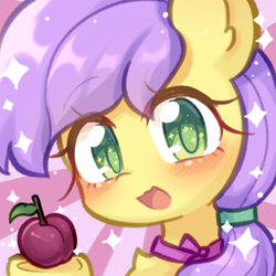 Size: 450x450 | Tagged: safe, artist:yilo, oc, oc only, oc:plum blossoms, earth pony, pony, blushing, bowtie, female, green eyes, hoof hold, looking at you, mare, plum, purple mane, smiling, smiling at you, solo, striped background, sunburst background