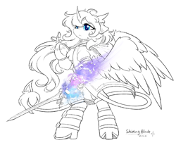 Size: 1990x1640 | Tagged: safe, artist:焰心fireworks, oc, oc:shining blade, alicorn, pony, succubus, bipedal, cheek fluff, clothes, female, leonine tail, mare, sword, tail, underhoof, weapon