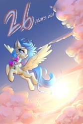 Size: 1600x2400 | Tagged: safe, artist:castle bravo, oc, oc only, oc:zoran, oc:左岸, pegasus, pony, backlighting, birthday, bowtie, cloud, female, flying, mare, outdoors, pegasus oc, smiling, solo, spread wings, sun, sunshine, tail, teal mane, teal tail, wings, yellow coat