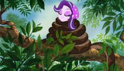 Size: 1280x734 | Tagged: safe, artist:tyriuskishayinew16, starlight glimmer, human, snake, equestria girls, g4, coils, cute, eyes closed, eyeshadow, female, glimmerbetes, grin, hat, hypnosis, hypnotized, kaa, makeup, outdoors, sleeping, smiling, tree, wrapped snugly, wrapped up