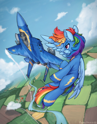 Size: 1518x1948 | Tagged: safe, artist:zeepheru, rainbow dash, scootaloo, pegasus, pony, g4, blue angels, boeing, clothes, cloud, duo, f-15 eagle, female, filly, flying, foal, jet, jet fighter, jet plane, mare, outdoors, plane, river, scenery, sky, uniform, water, wonderbolts, wonderbolts uniform