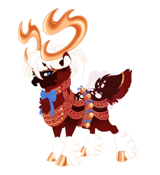 Size: 4766x5197 | Tagged: safe, artist:gigason, oc, oc only, oc:nutcracker march, deer, reindeer, absurd resolution, adoptable, antlers, blue eyes, blue pupils, body fluff, buck, bushy tail, cheek fluff, chest fluff, cloven hooves, coat markings, colored, colored antlers, colored belly, colored ears, colored eartips, colored head, colored hooves, colored nose, colored pinnae, colored pupils, countershading, deer oc, deer tail, ear fluff, eye markings, facial markings, fetlock tuft, flat colors, fluffy tail, frown, garland, gold hooves, gradient legs, harness, hooves, jewelry, jingle bells, leg markings, lidded eyes, looking back, male, male oc, mantle, neck bow, non-pony oc, obtrusive watermark, pale belly, ponytail, red coat, red fur, red tail, reindeer oc, reins, sash, shiny antlers, shiny hooves, short hair, short mane, simple background, snip (coat marking), socks (coat markings), solo, spots, standing, tail, tail jewelry, tail markings, three quarter view, three toned ears, tied hair, tied mane, transparent background, watermark, white hair, white mane, yellow hooves