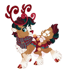 Size: 3795x3900 | Tagged: safe, artist:gigason, oc, oc only, oc:pepper praline, deer, reindeer, adoptable, antlers, blaze (coat marking), brown coat, brown fur, buck, bushy tail, cheek fluff, chest fluff, clothes, cloven hooves, coat markings, colored, colored antlers, colored belly, colored eyebrows, colored hooves, colored nose, colored pinnae, deer oc, deer tail, facial markings, flat colors, floppy ears, fluffy tail, garland, gradient legs, gradient nose, grin, high res, holly, hooves, jingle bells, looking back, male, male oc, multicolored hair, multicolored mane, multicolored tail, non-pony oc, obtrusive watermark, pale belly, plaid scarf, raised hoof, red hair, red hooves, red mane, red nose, red tail, reins, scarf, shiny hooves, short hair, short mane, simple background, smiling, socks (coat markings), solo, sparkly antlers, standing, standing on two hooves, striped antlers, striped hair, striped mane, striped tail, tail, tail markings, teal eyes, three quarter view, transparent background, turned head, watermark