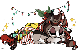 Size: 1600x1037 | Tagged: safe, artist:princessmoonsilver, oc, oc:peppermint bark, pony, unicorn, christmas, christmas lights, clothes, female, holiday, horn, mare, simple background, sleeping, socks, solo, striped socks, transparent background