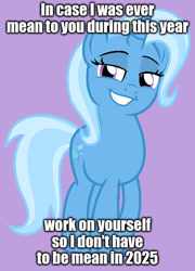 Size: 500x693 | Tagged: safe, artist:kuren247, edit, editor:modus_ponens, trixie, pony, unicorn, g4, 2025, caption, crossed hooves, female, grin, horn, image macro, lidded eyes, mare, mean, meme, narcissism, offensive, ponified meme, purple background, shit eating grin, simple background, smiling, smug, solo, text