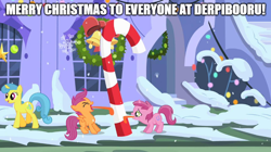 Size: 888x499 | Tagged: safe, edit, edited screencap, screencap, lemon hearts, ruby pinch, scootaloo, pegasus, pony, unicorn, g4, hearth's warming eve (episode), my little pony: friendship is magic, christmas, christmas 2024, female, filly, foal, hearth's warming, holiday, horn, mare, snow, tongue out, tongue stuck, tongue stuck to pole