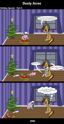 Size: 1920x3688 | Tagged: safe, artist:platinumdrop, derpy hooves, princess celestia, oc, oc:dusty hooves, comic:dusty acres, series:technoverse, g4, celestia plushie, christmas, christmas tree, commission, female, filly, foal, holiday, pinklestia, plushie, present, speech bubble, toy, tree, younger