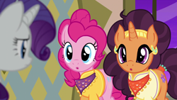 Size: 1280x720 | Tagged: safe, screencap, pinkie pie, rarity, saffron masala, earth pony, pony, unicorn, g4, my little pony: friendship is magic, season 6, spice up your life, :o, cute, diapinkes, female, horn, mare, open mouth, saffronbetes, trio, trio female