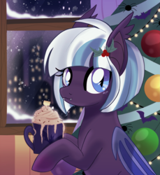 Size: 2337x2548 | Tagged: safe, artist:spookyle, oc, oc only, oc:hallow haze, bat pony, bat pony oc, christmas, christmas tree, dhampir, hearth's warming eve, holiday, snow, snowfall, solo, tree, winter