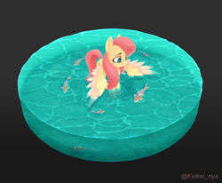 Size: 8500x7000 | Tagged: safe, artist:kviksi, fluttershy, fish, koi, pegasus, pony, g4, :3, colored wings, digital art, female, gradient background, heart, heart eyes, mare, outdoors, partially submerged, smiling, solo, spread wings, standing in water, two toned wings, water, wingding eyes, wings